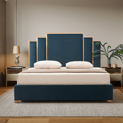 Austin Bed Frame Velvet Turquoise Fabric Padded Upholstery High Quality Slats Polished Stainless Steel Feet